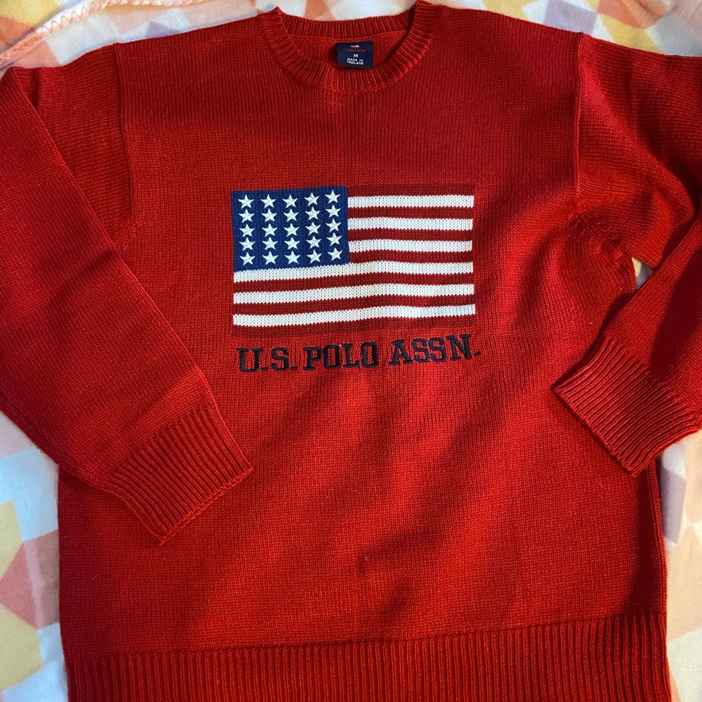 U.S. Polo Assn. Red Crewneck Sweater with Flag Design